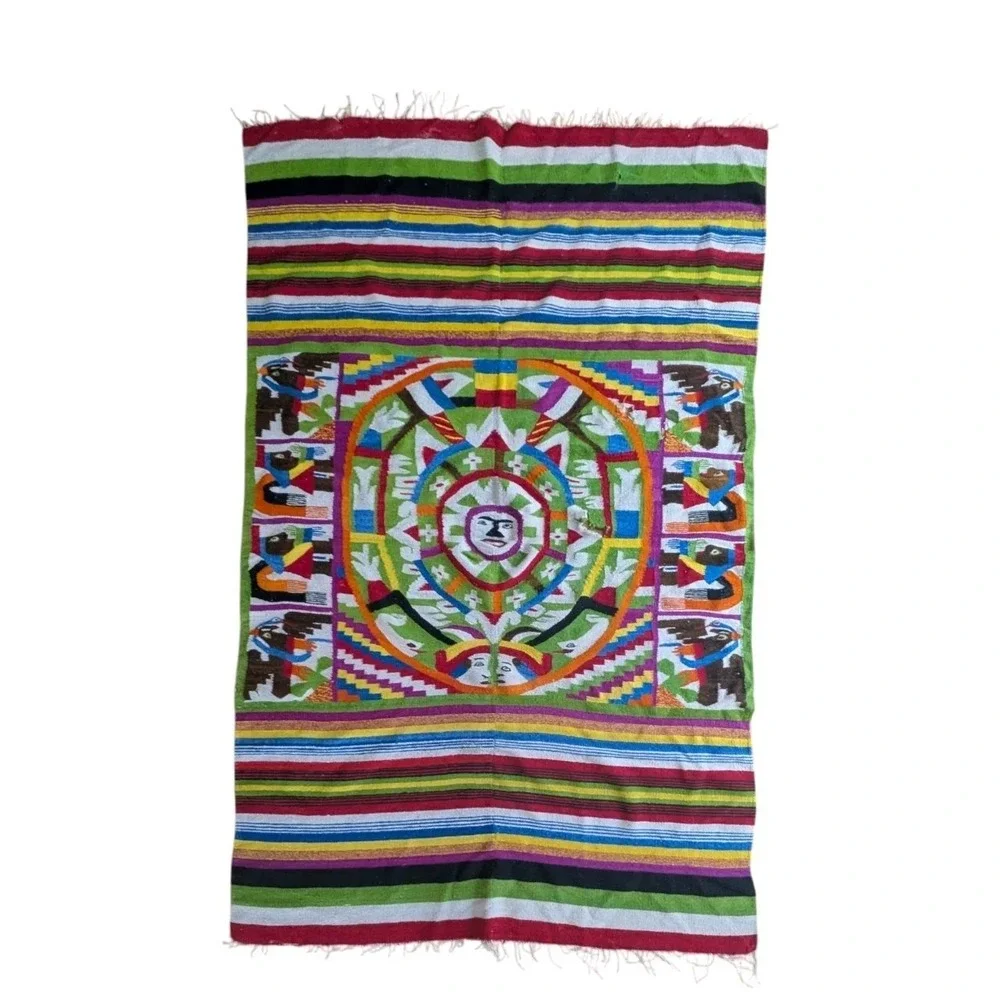 Vintage Mexican Flat Weave Rug/Wall Art Aztec Cabin Cottage Vacation Home